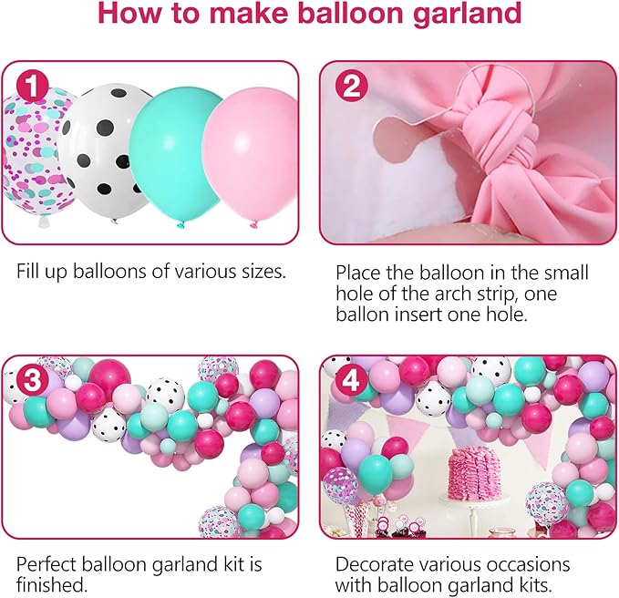 Amandir 152pcs Hot Pink and Teal Blue Balloon Garland Arch Kit, Different Sizes 12 10 5 Purple Rose Red Confetti White Dots Turquoise Balloons for Spa Girls Surprise Birthday Baby Shower Decorations