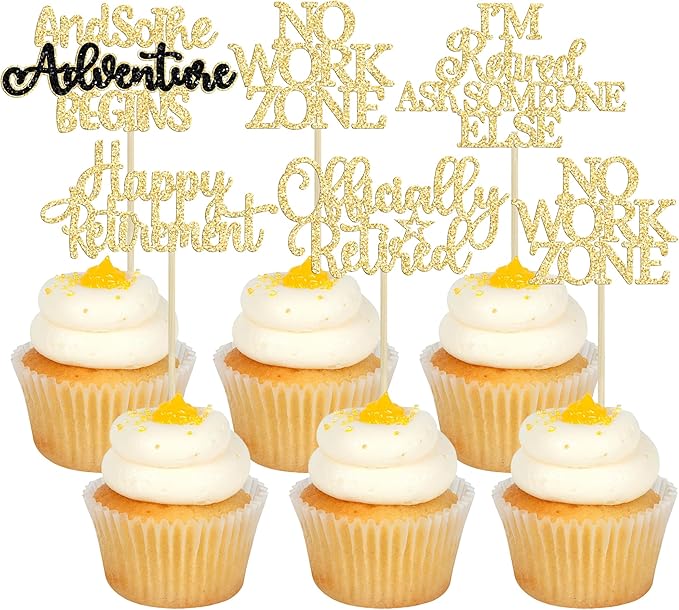 Gyufise 30Pcs Happy Retirement Cupcake Toppers Officially Retired Cupcake Picks No Work Zone Adventure Begins Cake Decorations for Retirement Theme Farewell Birthday Party Supplies Gold