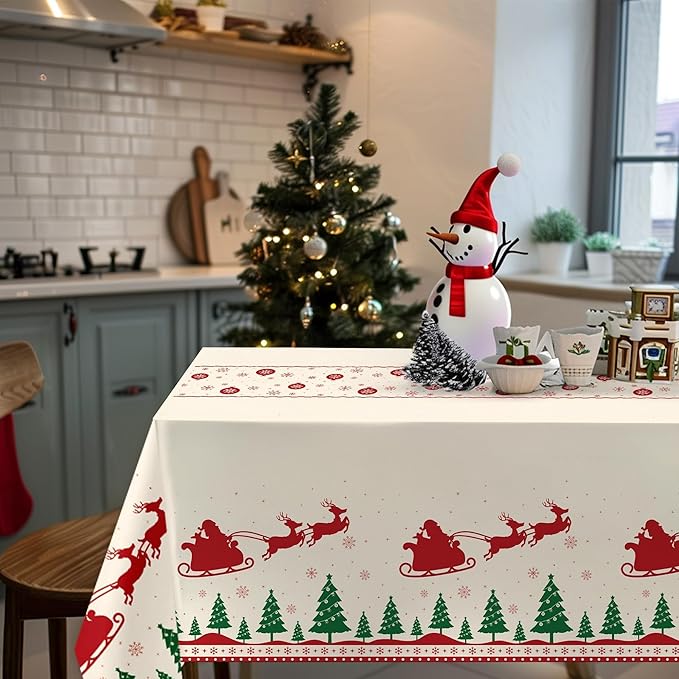 Childom Christmas Disposable Tablecloth,2 Pack Plastic Christmas Tablecloths for Rectangle Tables,54 x 108 Inch,Xmas Beige Reindeer Tablecloths for Xmas Table Decorations Indoor,Outdoor,Parties