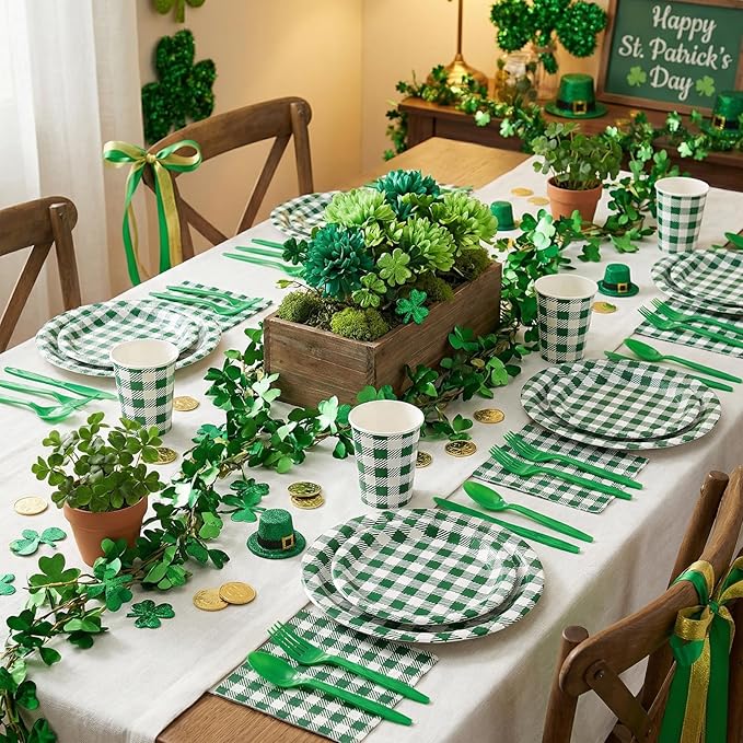 175 Pcs Gingham Party Supplies Include Green Gingham Plates and Napkins Cups Plastic Cutlery Disposable Green Checkered Plates Set for St Patricks Day, Picnic, Baby Shower, Golf Party