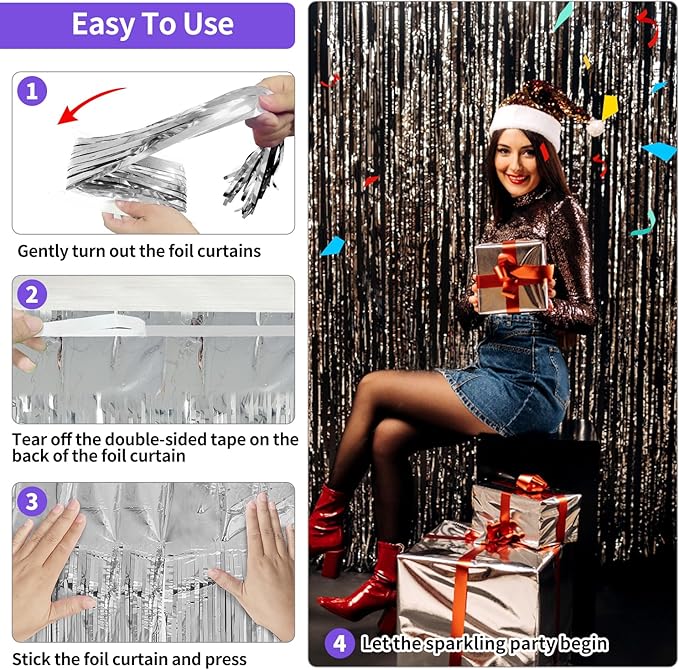 Silver Tinsel Backdrop Party Decorations 3.3x8.2ft, 2 Pack Foil Fringe Curtains Door Decorations Hanging, Silver Streamers Photobooth for Birthday Easter Christmas Bachelorette Disco Bridal Shower