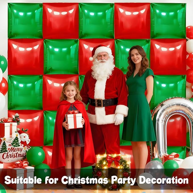 36Pcs Red and Green Square Foil Balloons Wall Backdrop, Double Sided Metallic Foil Balloons Tunnel Arch Garland Kit for Photo Booth Birthday Wedding Halloween Christmas Party Decorations