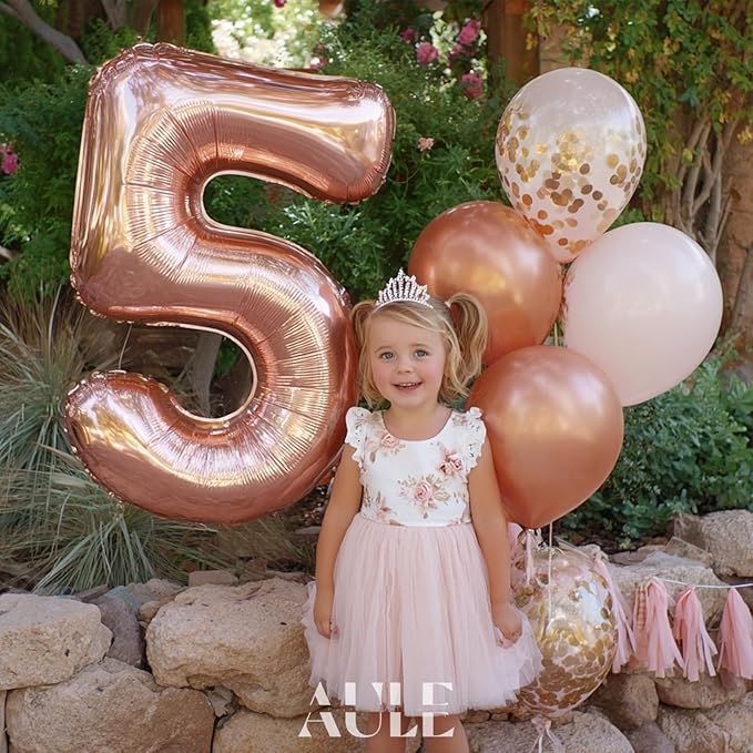 AULE 40 Inch Big Rose Gold 5 Balloon Number Large Foil Helium Number Balloons 0-9 Jumbo Giant Happy 5th Birthday Party Decorations for Boy or Girl Huge Mylar Anniversary Party Supplies