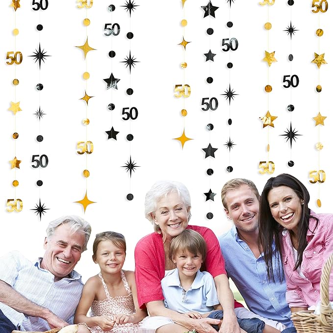 Black Gold 50th Birthday Decorations Number 50 Circle Dot Twinkle Star Garland Metallic Hanging Streamer Banner Backdrop for Women Mens 50 Years Old Birthday Happy 50th Anniversary Party Supplies