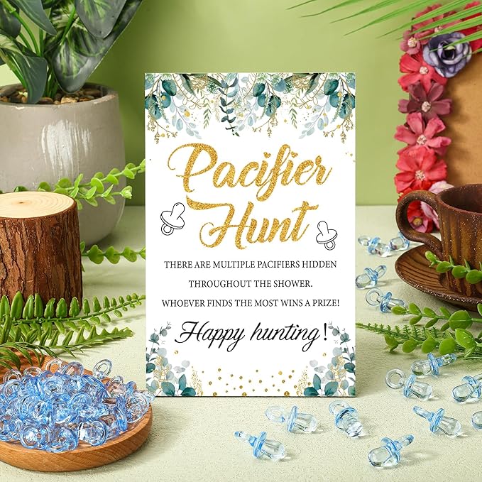 Thyle 51 Pcs Greenery Theme Pacifier Hunt Baby Shower Games Include Blue Hunt Sign and 50 Acrylic Pacifiers for Greenery Eucalyptus Baby Shower Game Decoration Gift Sets Gender Reveal Party Decor