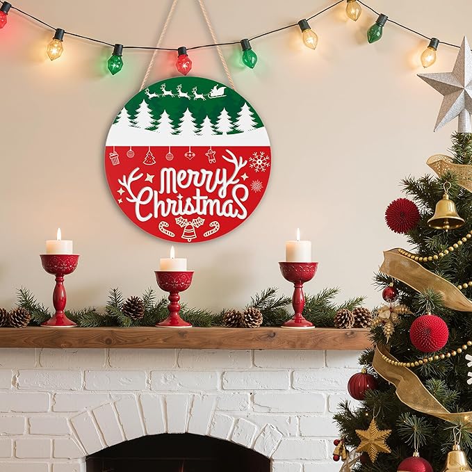 OHOME Christmas Decorations Outdoor - Christmas Wreaths for Front Door | Rustic Round Wood Welcome Sign,Xmas Garland - Navidad Party Decor Favors Supplies for Door Wall Room Porch Kitchen