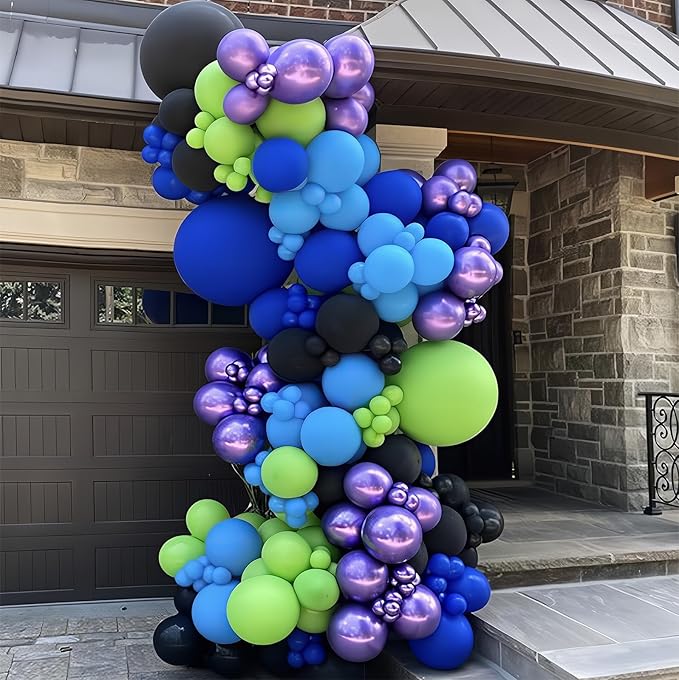 Purple Blue Black Green Balloon Garland Kit Video Game Party Balloons Arch with Metallic Purple Latex Helium Balloon for Boys Night Birthday Baby Shower Party Decorations Supplies