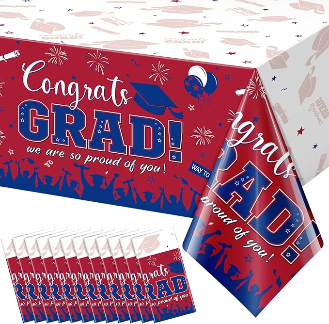 12Pack Graduation Tablecloth Party Decorations, Class of 2026 Congrats Grad Plastic Tablecover Party Supplies, Red and Blue Rectangle Graduation Table Decor for College High School Party, 54 x 108Inch