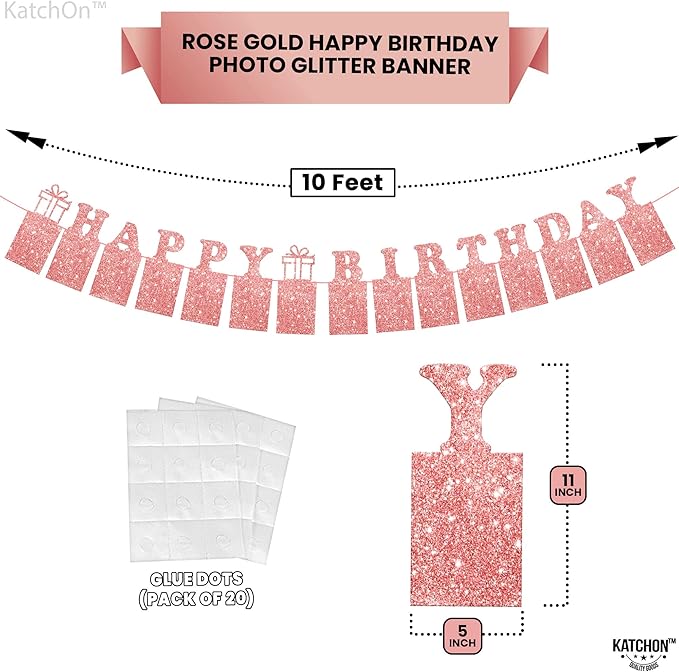 KatchOn, Glitter Rose Gold Happy Birthday Banner - Big 10 Feet, Pre Assembled | Happy Birthday Photo Banner for Sweet 16 Party Decorations | Rose Gold Birthday Banner for Happy Birthday Decorations