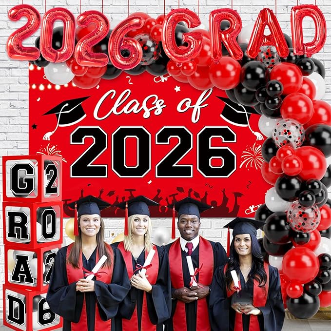 Graduation Decorations Class of 2026-123pcs Red Black Graduation Party Decorations include Balloon Boxes with Letters, Balloon Arch Kit and Backdrop for 2026 Grad Party Supplies