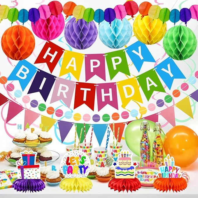 Birthday Decorations Kit, Happy Birthday Banner with Table Centerpieces, Colorful Paper Flag Garland, Hanging Swirl Streamers & Honeycomb Balls for All Birthday Party Decorations