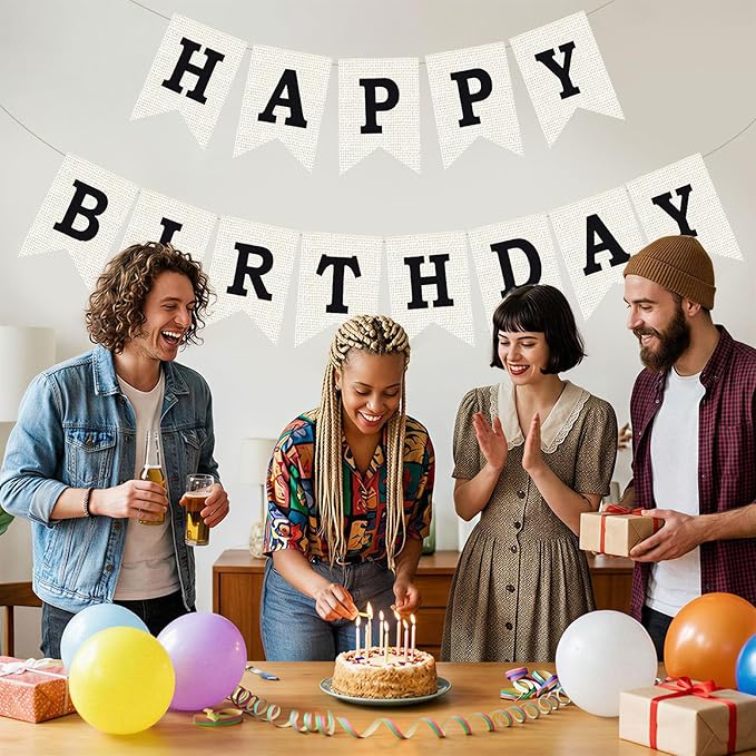 Burlap Happy Birthday Banner, Black Assembled Happy Birthday Banner Sign Garland for Boys Girls Rustic Party Decorations