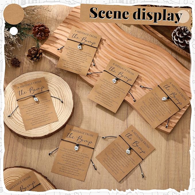 Thyle 50 Set Kraft Baby Shower Favors for Guests Adjustable Bracelets with Message from The Bump Card Footprints Charm Baby Shower Bracelets for Gender Reveal Thank You Gifts