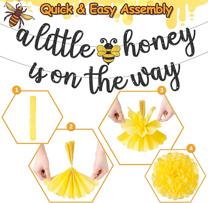 Kriyokiaa Bee Baby Shower Decorations 15 Pcs Honey Bee Baby Shower Decorations with A Little Honey is On The Way Banner, Paper Lantern Fans, Pom Poms, Honeycomb Ball for Bumblebee Party Decor
