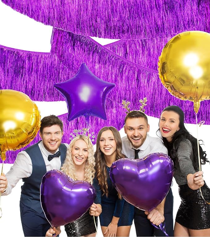 2 Pack Delicate Purple Fringe Streamer Banner for Party Decoration, Premium Thick Metallic Foil Tinsel Tassel Garland for Birthday Wedding Christmas Holiday Home Hanging Decor
