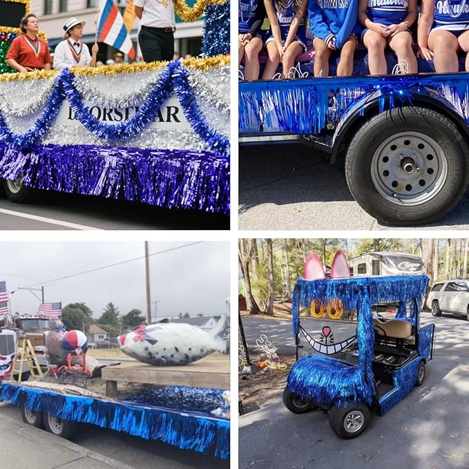6 Pack Royal Blue Total 60 Feet Foil Fringe Garland Metallic Tinsel Banner Wall Hanging Drapes Parade Float Skirting Decorations for Trailer Mardi Gras Party Birthday Wedding