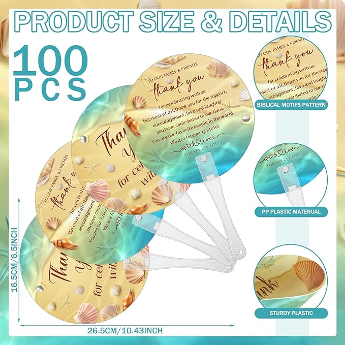 100 Pcs Wedding Hand Fans for Guests Bulk Decorative Plastic Handheld Wedding Favor Fans with Handle Thank You for Celebrating with Us for Ceremony Bridal Shower Party Decor(Beach)