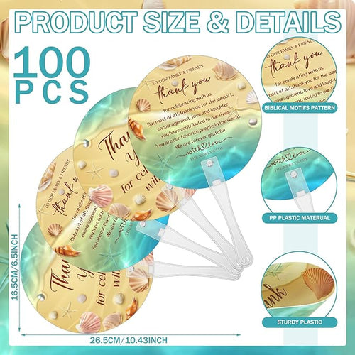 100 Pcs Wedding Hand Fans for Guests Bulk Decorative Plastic Handheld Wedding Favor Fans with Handle Thank You for Celebrating with Us for Ceremony Bridal Shower Party Decor(Beach)