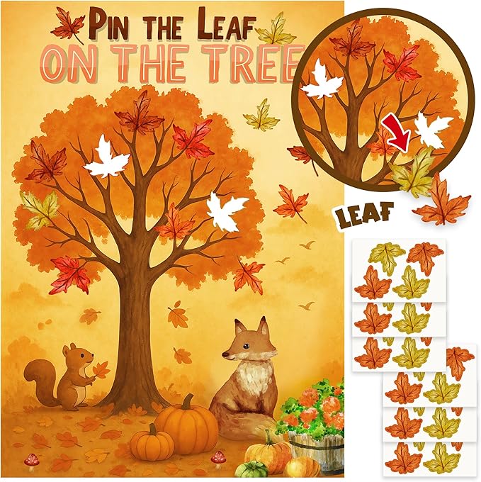 Pin the Leaf On the Tree Game Poster with 24 Pcs Maple Leaves Stickers Fun Fall Thanksgiving Pumpkin Harvest Seasonal Holiday Party Activity Decorations Supplies for Halloween Autumn Festival Birthday
