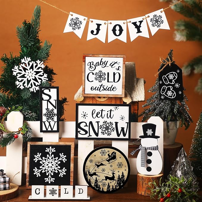 Winter Tiered Tray Decor Set Snowman Snowflake Table Decor Christmas Tree Wooden Sign Farmhouse Coffee Spice Blocks Winter Decoration for Christmas Home Table Shelf