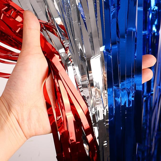 July 4th Party Decorations, Curtain Tinsel Streamers Birthday Decoration, Blue Silver Red Backdrops for Independence Day, Colourful Photo Props for 2025 Graduation Decoration, 2Pack 3.28X6.56Ft