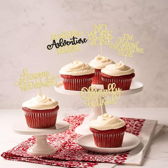 Gyufise 30Pcs Happy Retirement Cupcake Toppers Officially Retired Cupcake Picks No Work Zone Adventure Begins Cake Decorations for Retirement Theme Farewell Birthday Party Supplies Gold