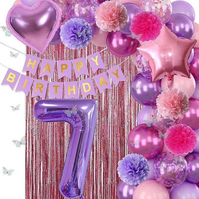 Pink Purple 7th Birthday Party Decorations for Girls Number 7 Balloon Happy Birthday Banner Butterfly Stickers Fringe Curtain Paper Pom Poms Metallic Hot Pink Star Foil Balloons 7 Year Old Princess