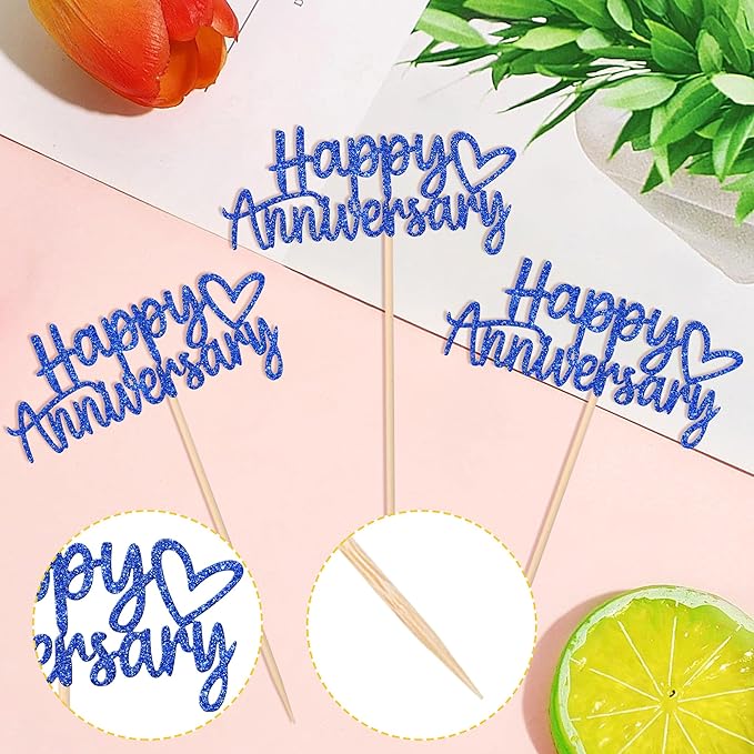 24 PCS Happy Anniversary Cupcake Toppers Glitter Wedding Anniversary Cupcake Picks Happy Anniversary Cupcake Decorations Baby Shower Birthday Wedding Anniversary Party Cake Decorations Supplies Blue