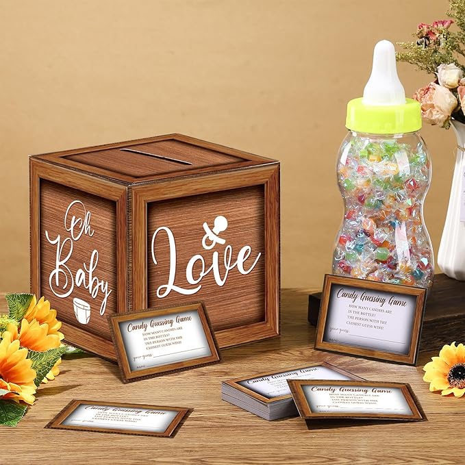Glenmal 52 Pcs Baby Shower Games Gift Sets Large Baby Bottle for Shower Game Guess How Many Candies Baby Shower Decorations for Baby Shower favors Games Gender Reveal (Wood Grain)