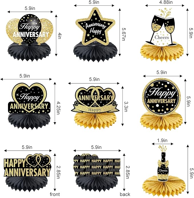 Happy Wedding Anniversary Decorations Table Honeycomb Centerpiece, 8pcs Anniversary Theme Party Supplies for Adult, 10th 25th 30th 40th 50th 60th Anniversary Table Decor