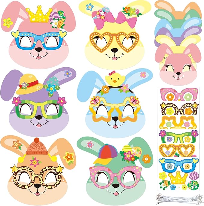 WorldBazaar Easter Bunny Mask Crafts 24 Packs DIY Paper Spring Bunny Mask with Stickers Classroom Family Activities Spring Crafts Easter Party Supplies