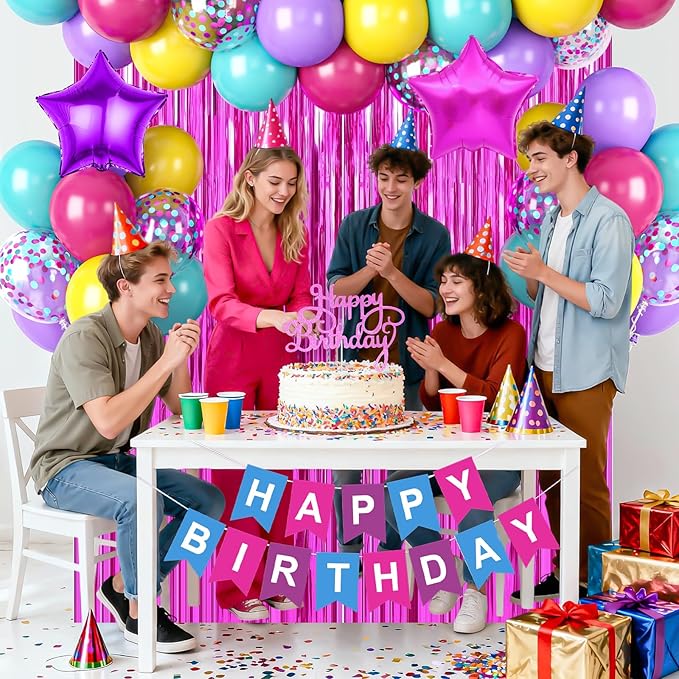 Pink Blue Purple Birthday Party Decorations for Girls Women, Hot Pink and Blue Birthday Decorations with Latex Balloons Happy Birthday Banner Cake Topper Star Foil Balloon Fringe Curtain