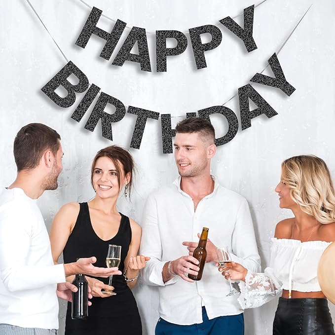 Happy Birthday Banner - 9ft Pre-Strung Happy Birthday Sign for Women, Men, Girls, Boys - No DIY Birthday Decorations & Party Supplies(Black Glitter)