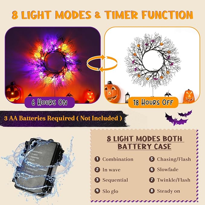 Joyhalo Halloween Garland with Lights Decorations with Pumpkin & Bat Lights,Battery Operated 6FT 46 LED Halloween Willow Vine Twig Garland for Mantle,Wall,Fireplace and Halloween Decorations