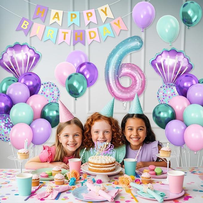6th Mermaid Birthday Decoration for Girls,Pink Purple Green 6th Birthday Balloon Number 6 Seashell Foil Balloons Banner Mermaid Sea Party Decor Supplies for 6 Year Old