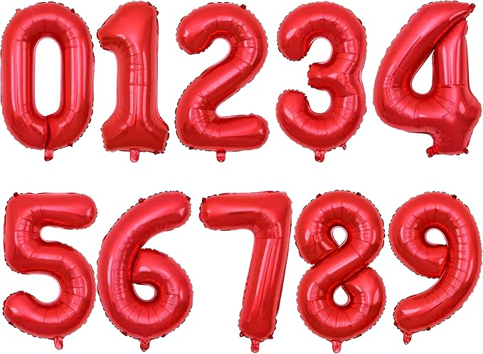 2 Set 20 Pcs Number Balloons 16 Inch Red 0-9 Number Mylar Foil Balloons Red Custom Digital Balloons for Birthday Party Engagement Graduations Anniversary Baby Shower Decor Party Supplies