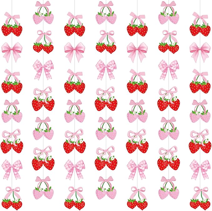 Xinnun Pink Bow Strawberry Party Decorations Pink Bow Hanging Banners Berry Sweet Banner Decor Bowknot Theme Streamer for Summer Birthday Bridal Engagement Bachelorette Wedding Party Decor(Strawberry)
