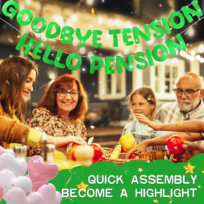 Retirement Banner Pre-Strung GOODBYE TENSION HELLO PENSION Banner Glitter Retirement Party Supplies Decorations for Women Men Office Home Decor (Green)
