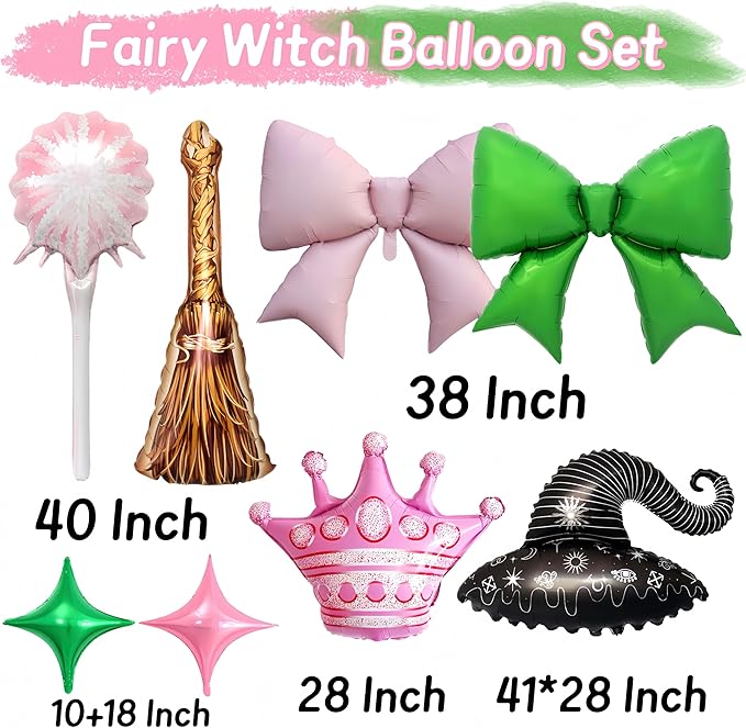 10Pcs Witch Party Party Balloons/Green Pink Bow Crown Sparklers Wizard Hat Broom Foil Balloons/Wick*ed Birthday Party Supplies/Magic Wizard Birthday, Enchanted Fantasy Magical Celebration