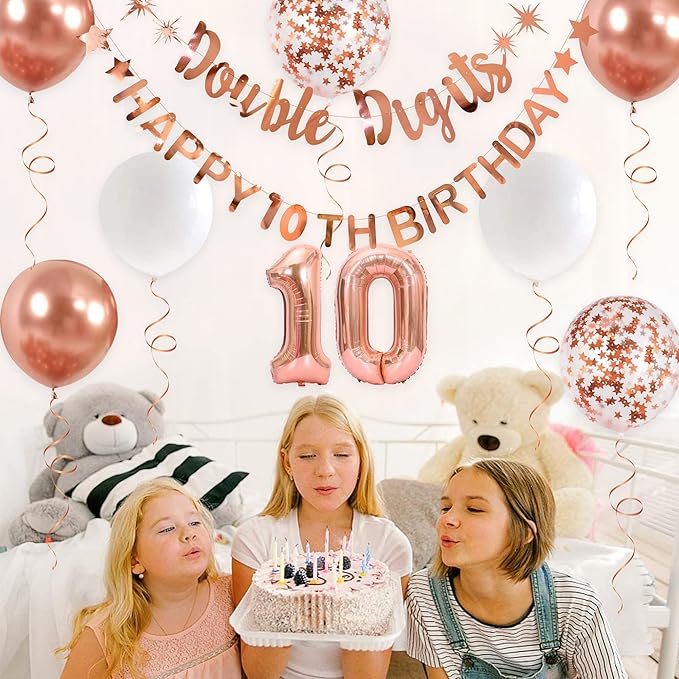 Rose Gold Double Digits Happy 10th Birthday Banner Garland Foil Balloon 10 for Girls Boys 10th Birthday Decorations Hanging 10 and Fabulous Cheers to 10 Years Old Ten Birthday Party Supplies Backdrop