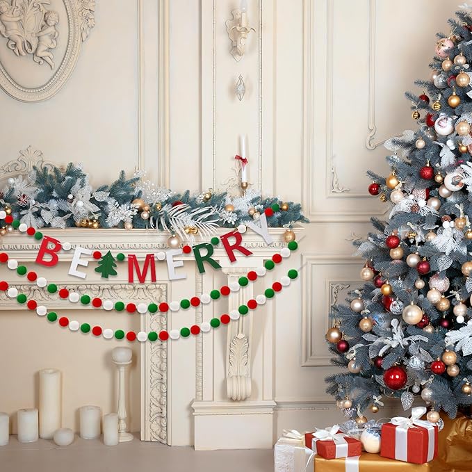 Breling 3 Pieces Christmas Felt Ball Garland 10ft Christmas Pompom Decorations Happy Holidays Banner Mantle Fireplace Room Xmas Party Hanging Decor (Red, Green, White)