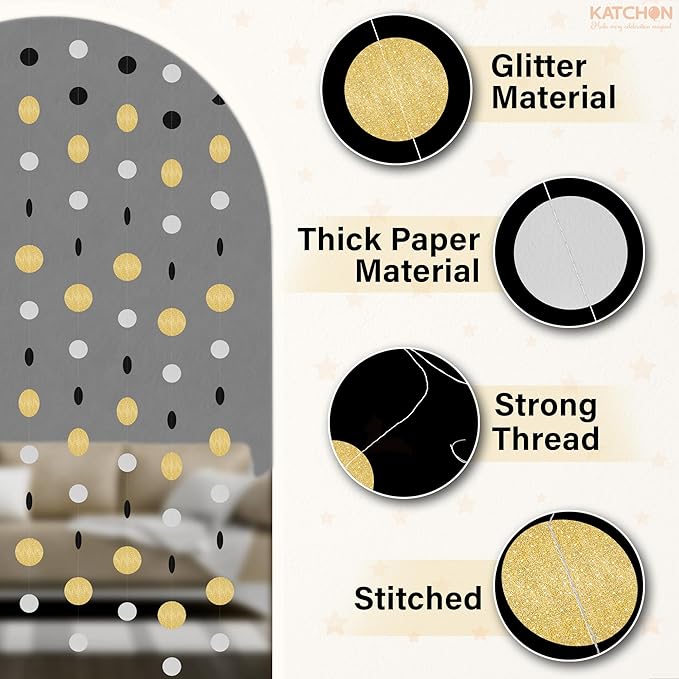 KatchOn, Circle Dots Gold Paper Garland - 65 Feet, Pack of 5 | Birthday Garland for Gold Birthday Decorations | Hanging Decorations for Baby Shower, Bridal Shower, Bachelorette | New Year Decorations