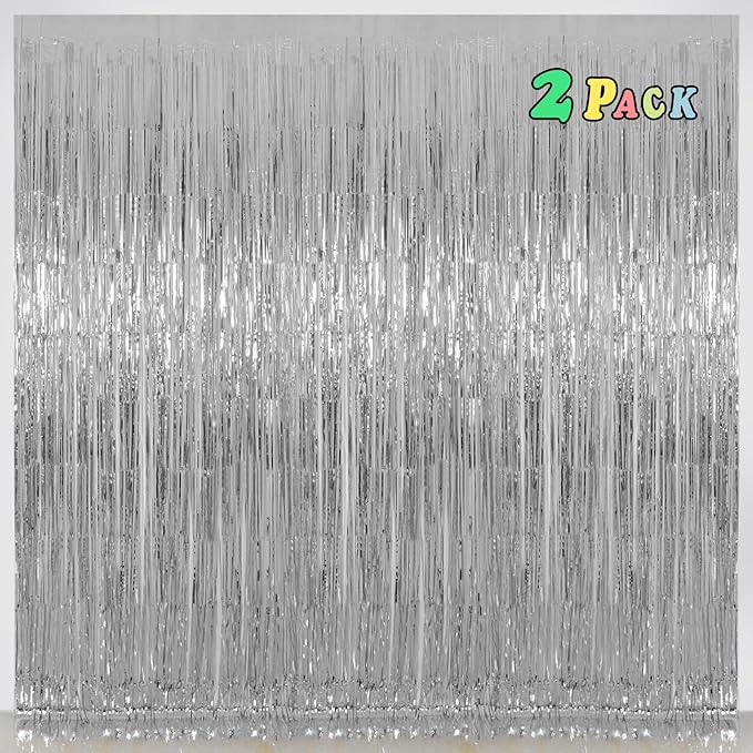 Silver Tinsel Fringe Backdrop Curtains for Parties, Melsan 3.2 x 8 ft Foil Streamer Disco Party Decorations Photo Booth for Birthday, Engagement, Pack of 2