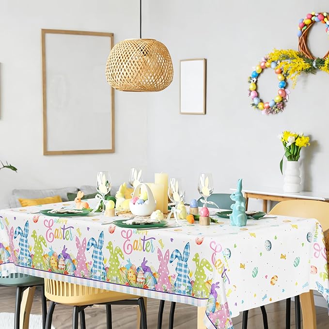 2 Pack Easter Tablecloth, 54" x 108" Easter Decorations, Rectangular Spring Tablecloths for Party Supplies, Colorful Eggs Bunny Flower Disposable Plastic Table Cloths for Easter Decorations for Home