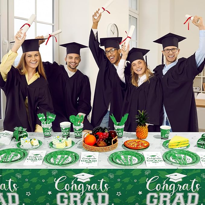 Graduation Party Supplies Congrats Grad Plates and Napkins Set Serve 50, Disposable Tableware Paper Plates Napkins Cups Knives Spoons Forks Straw for Class of 2026 Graduation Party Decorations (Green)