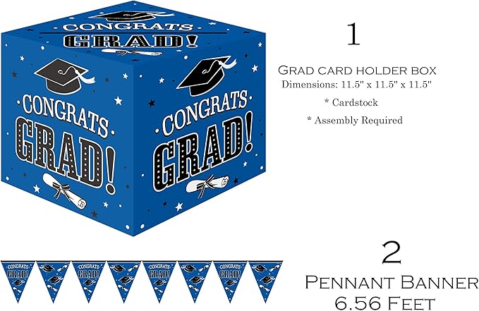 Serves 30 Ultimate Party Pack Congrats Grad Blue Party Supplies Dinner & Dessert Plates Cups Napkins 2 Table cloth 20 Photo Props 12 Swirls 30 Balloons Props 1 Banner 2 Grad Card Holder Box Blue