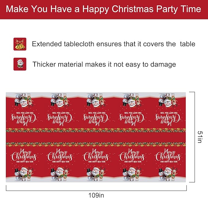 Fibevon Christmas Tablecloths, 2-Pack Rectangular Disposable New Year Tablecloth 54 by 110 inch Premium Table Covers with Elk Snowman and Santa Claus Plastic Tablecloth for Happy New Year Decor