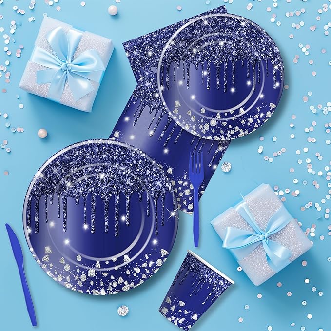 Navy Blue Plates And Napkins Party Supplies, Blue Glitter And Silver Party Decorations Tableware for Bridal Shower Birthday Baby Shower, Paper Plate, Napkin, Cup, Disposable Cutlery, Serves 24