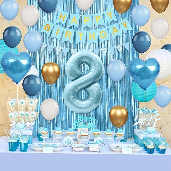 8th Birthday Decorations Blue White Gold,8th Birthday Balloons with Happy Birthday Banner Fringe Curtain Heart Foil Balloons for Boys Girls 8 Year Old Birthday Decor