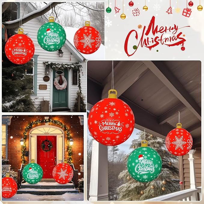 3 Pack Giant Christmas Ornaments, 24 Inch Inflatable Ornaments Balls Outdoor for Christmas Decorations, Giant Outdoor Jingle Bells for Front Door Yard Tree Hanging Decoration